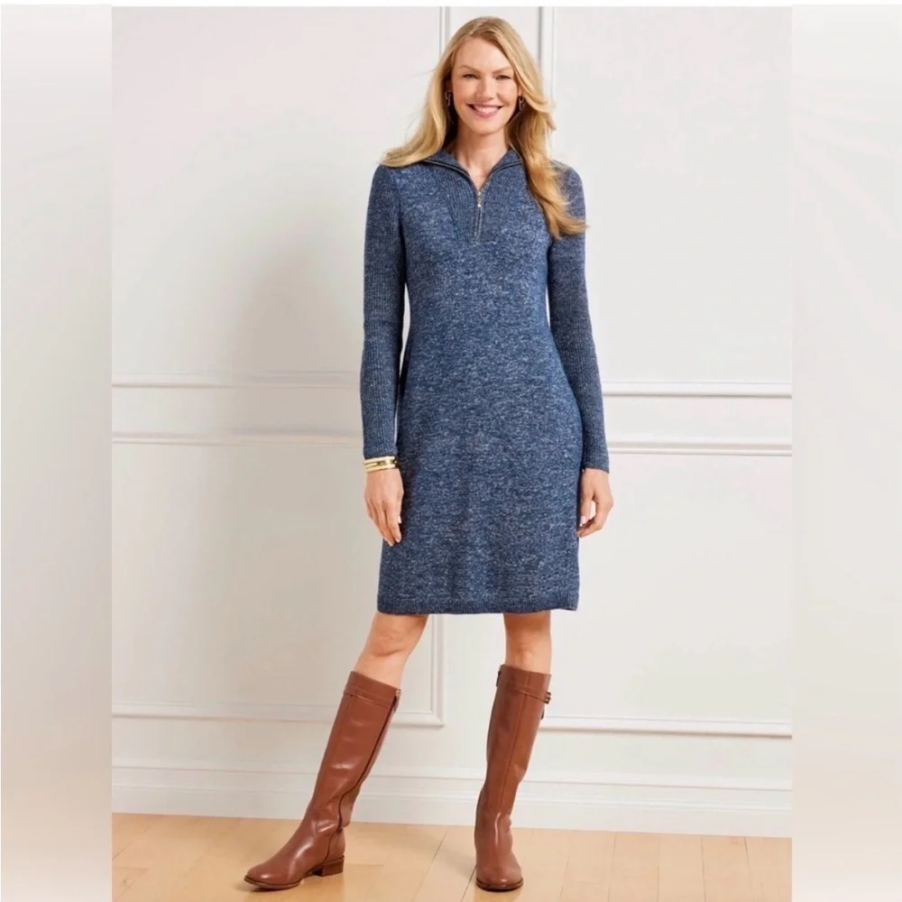 Talbots Zip-Front Sweater Dress | Small | Teal‎ Blue Knit Collared midi